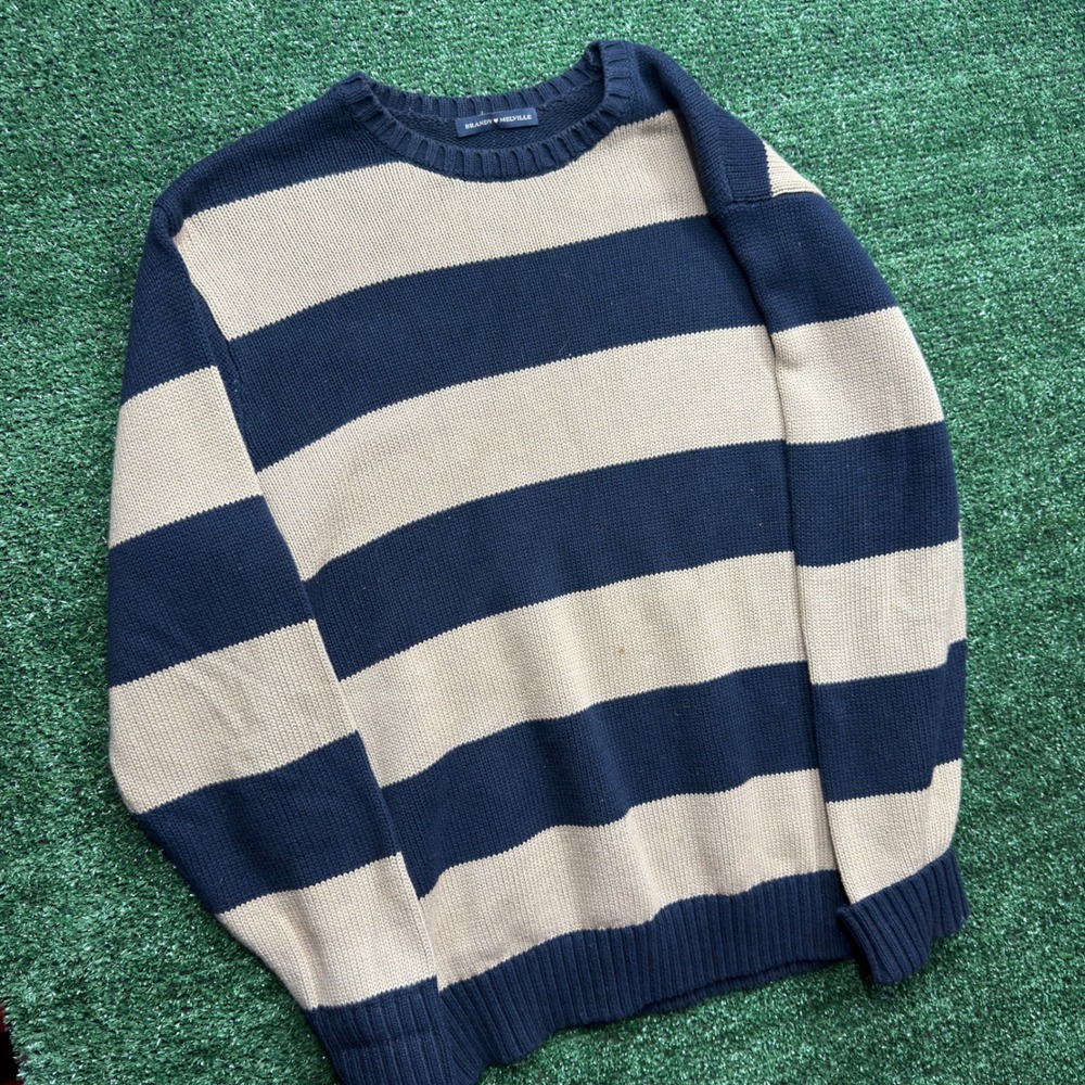 Brandy Melville Navy Blue Tan Striped Oversized Knit Crewneck Sweater One Size